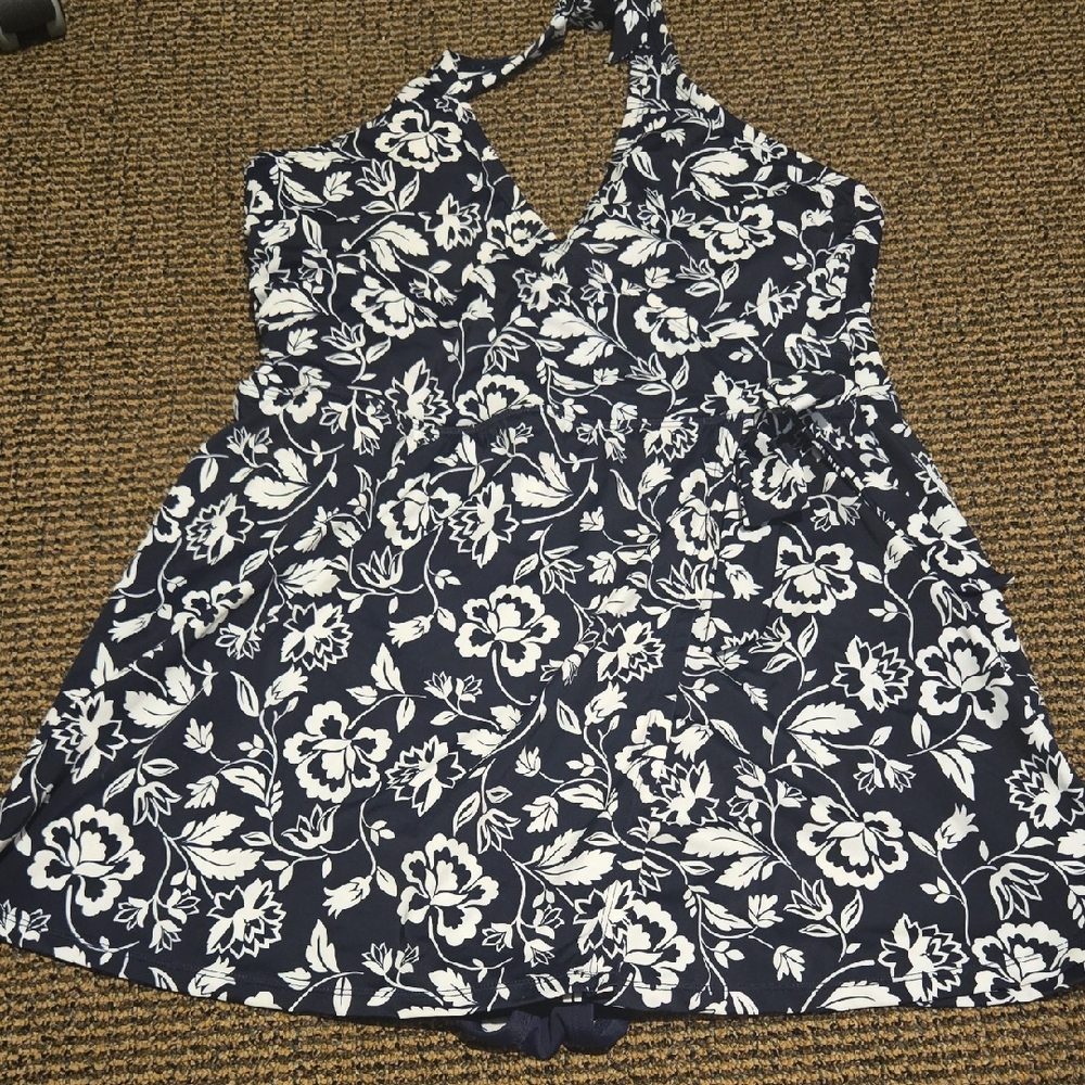 Draper James Navy and White Floral One Piece Swimsuit Dress Halter Plus